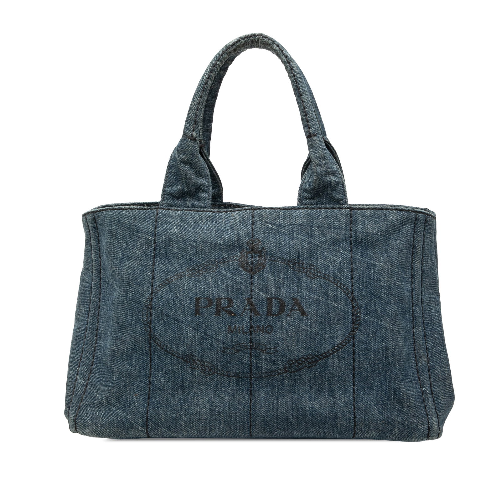 Prada Canapa Logo Denim Tote Bag Blue Fabric: Prada Canapa Logo Denim Tote Bag Blue Fabric This Prada Denim Canapa Logo Satchel features a blue denim fabric body with rolled handles and an open top design. The interior is equipped with both zip a