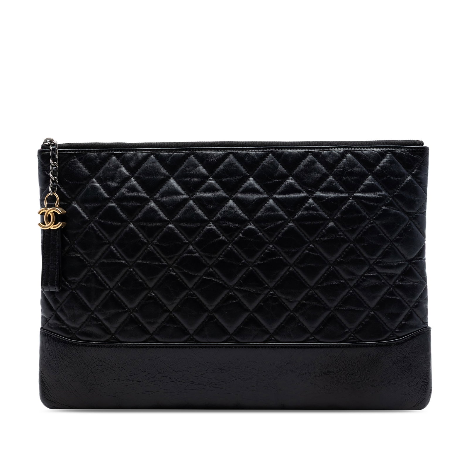 Chanel Gabrielle O Case Black Leather Zip Clutch: Chanel Gabrielle O Case Black Leather Zip Clutch This Chanel Large Aged Calfskin Gabrielle O Case Clutch features a black leather body with a top zip closure. Made in Italy, this clutch showcases Chan