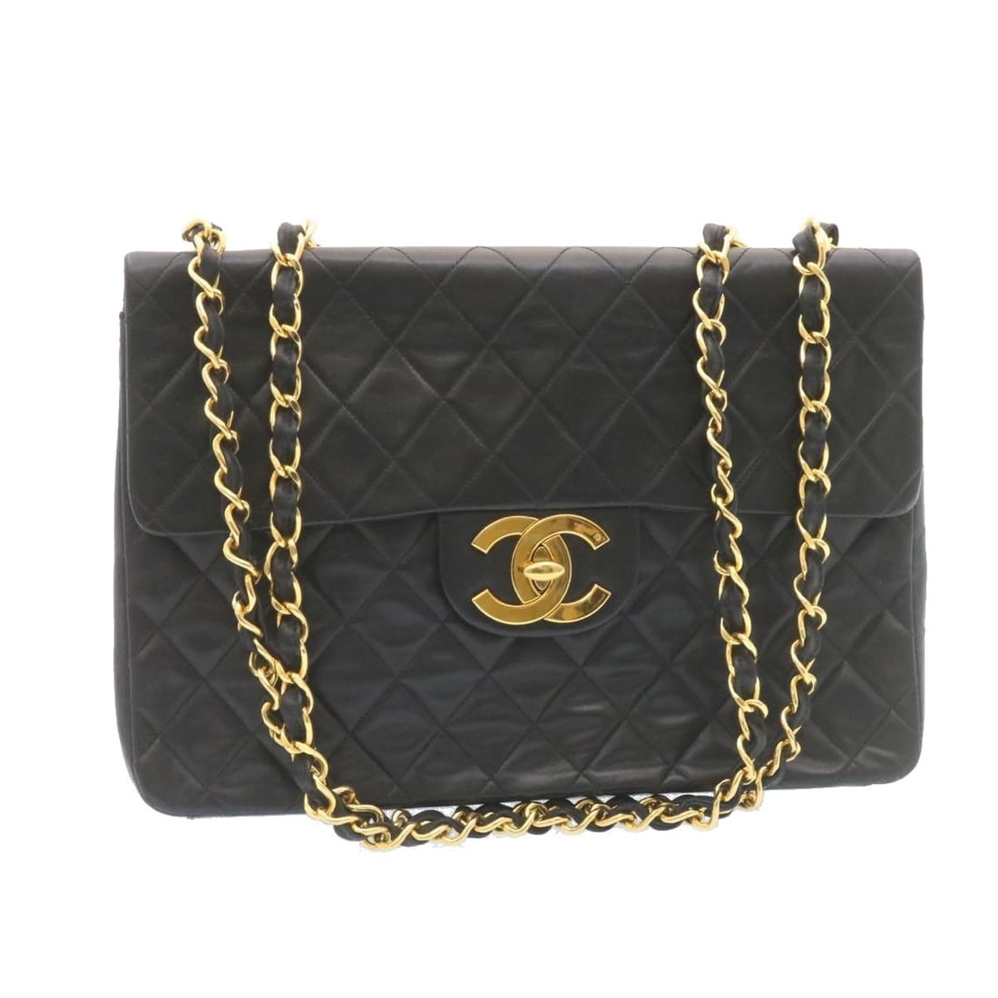 CHANEL 34cm Lambskin Shoulder Bag Black Gold Turn Lock Chain (1 of 18)
