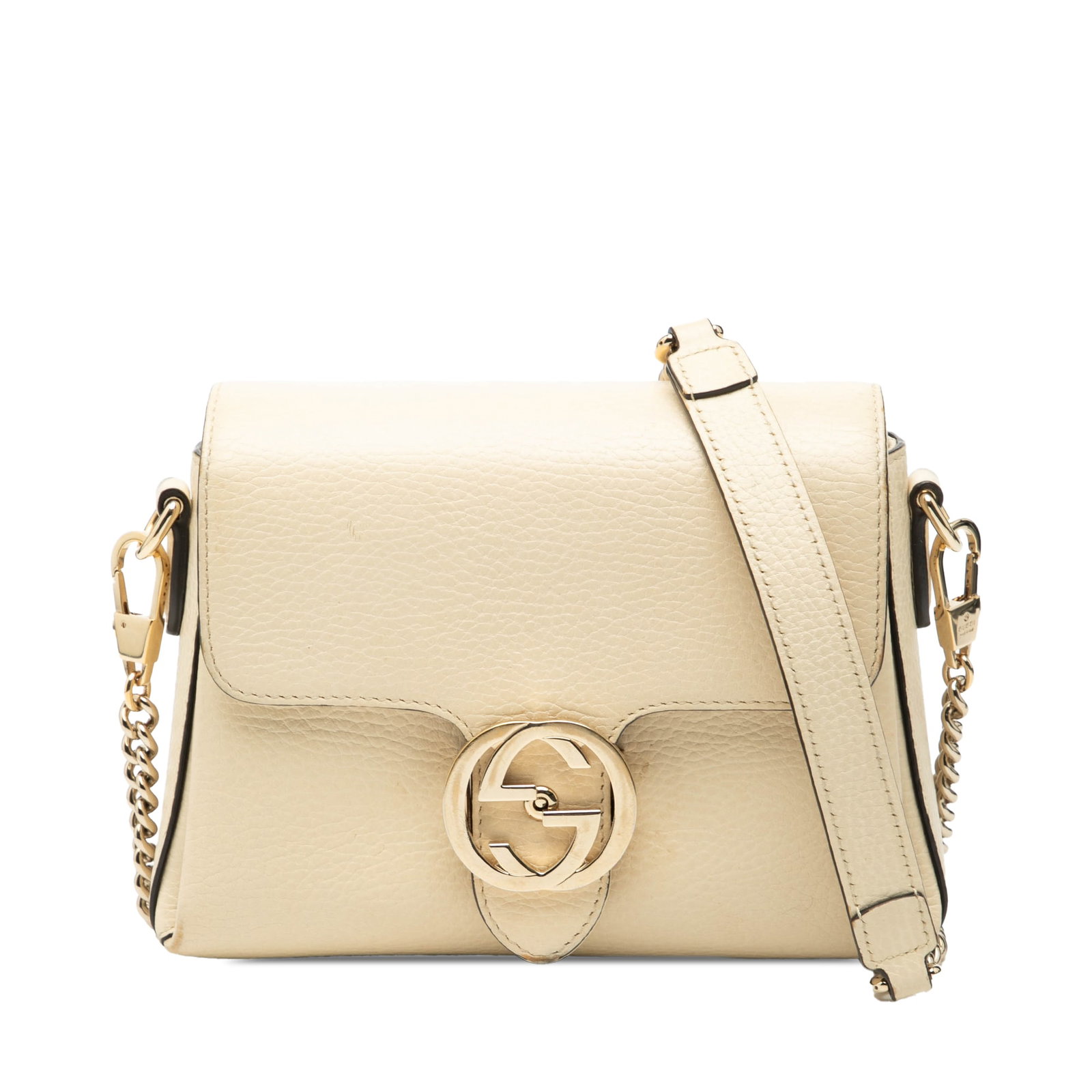 Gucci Interlocking G Small White Leather Chain Shoulder Bag: Gucci Interlocking G Small White Leather Chain Shoulder Bag This Gucci Small Dollar Calfskin Interlocking G Crossbody bag is crafted from white leather and features a chain-link shoulder strap with a 
