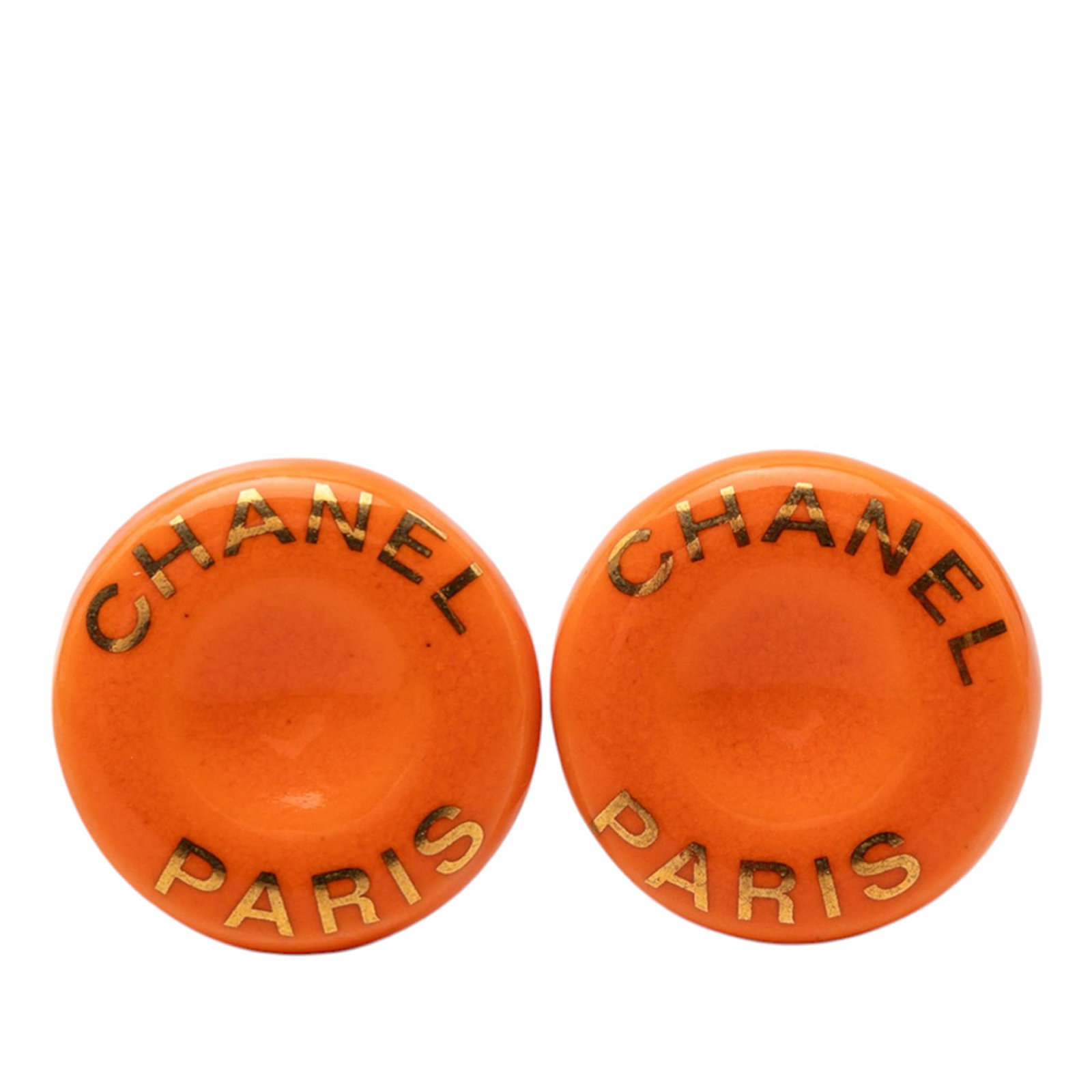 Chanel Orange Resin Round Clip Earrings with Gold Tone Logo: Chanel Orange Resin Round Clip Earrings with Gold Tone Logo Chanel round clip-on earrings crafted from resin and gold tone metal, featuring the iconic logo design. These costume earrings are orange in