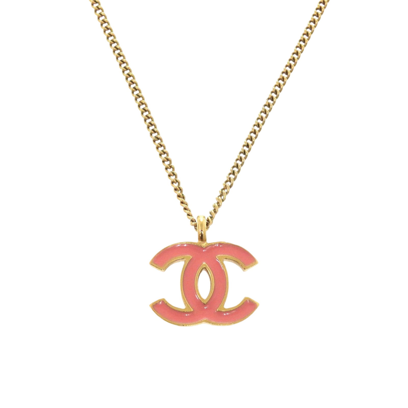 Chanel gold tone enamel pendant necklace CC Italy: Chanel gold tone enamel pendant necklace CC Italy This Chanel necklace features a gold-tone metal pendant with enamel detailing, complemented by a matching gold-tone chain and a spring ring closure. M