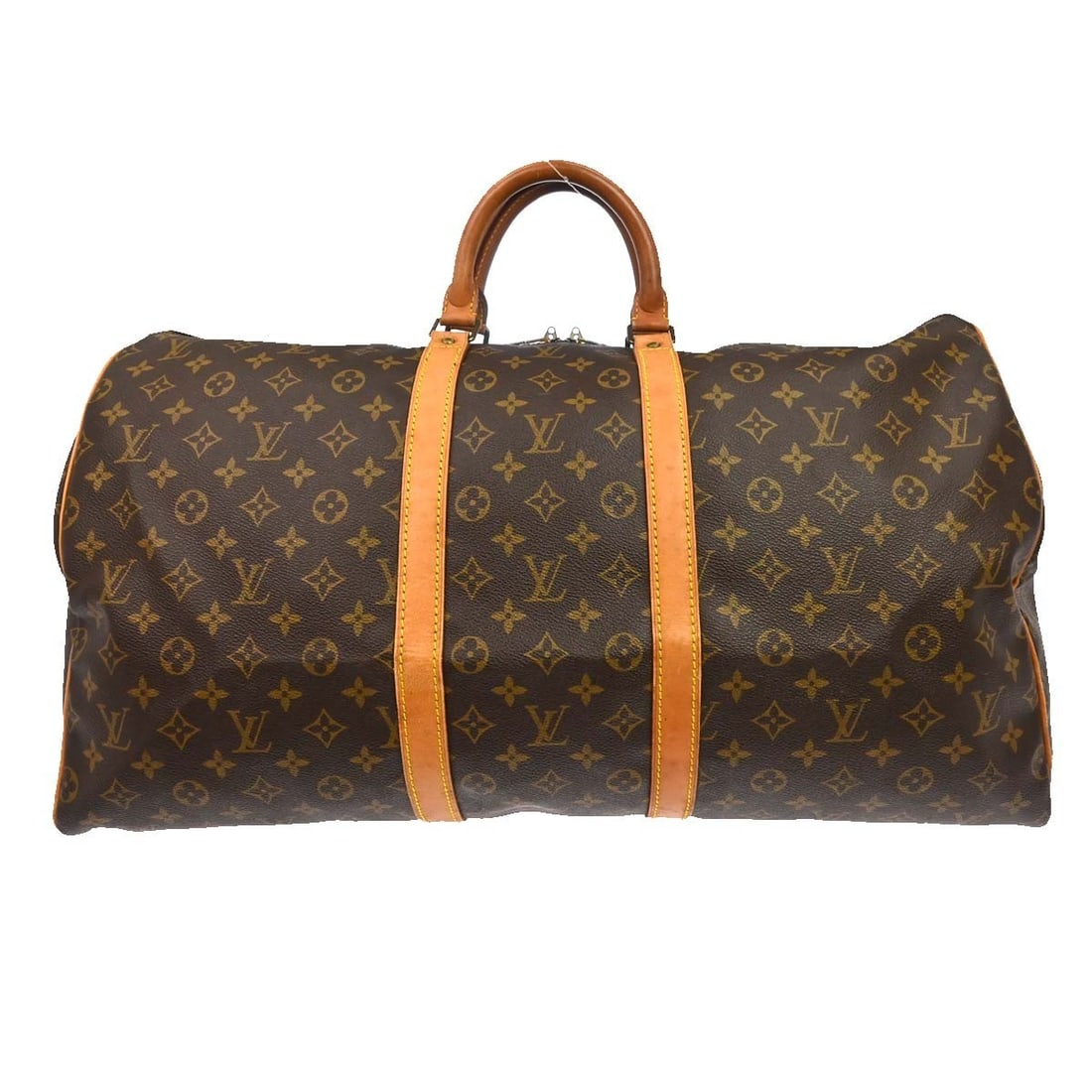 Louis Vuitton Keepall 55 Monogram Canvas Duffle Bag M41424: Louis Vuitton Keepall 55 Monogram Canvas Duffle Bag M41424 Vintage Louis Vuitton Keepall 55 travel handbag in Monogram canvas and leather with double handles and zip closure. This extra large unisex d