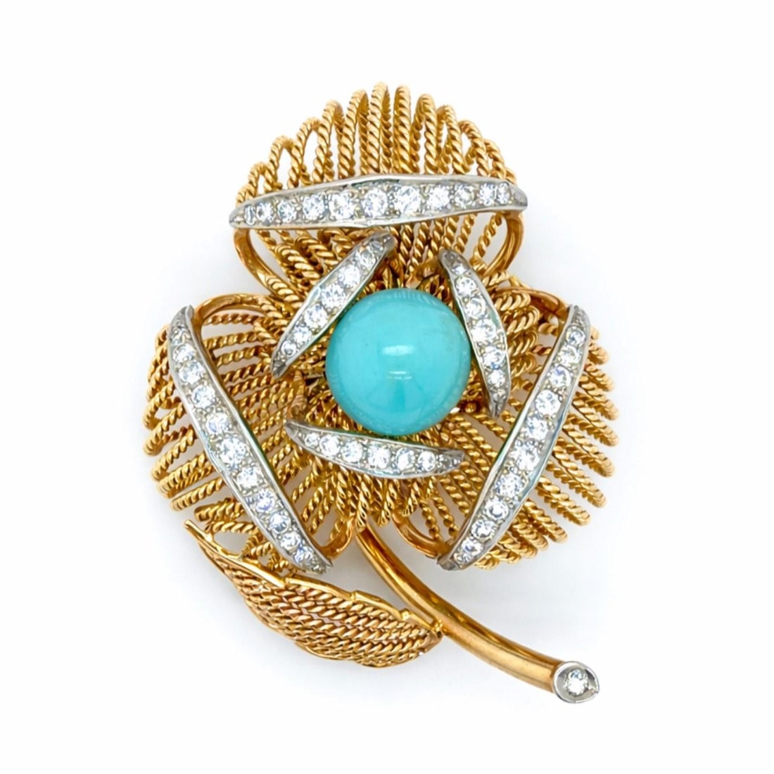 14K Yellow Gold Brooch with Turquoise Cabochon and Diamond Accents Circa 1960s: 14K Yellow Gold Brooch with Turquoise Cabochon and Diamond Accents Circa 1960s This 1960s brooch features a 14K yellow gold setting adorned with a 12.2mm turquoise stone. It is accented by 54 diamonds