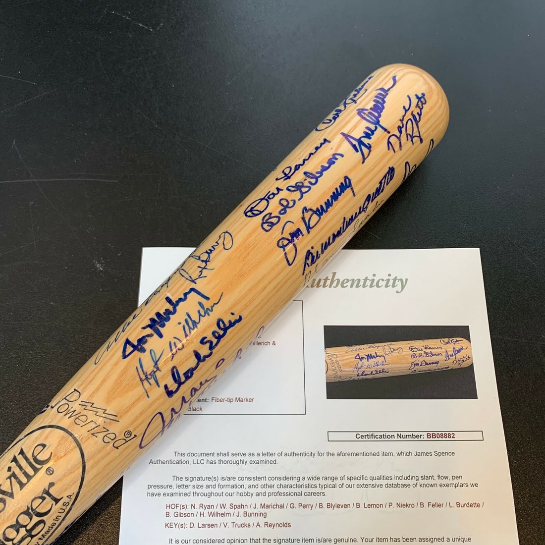 Multi-Signed Baseball Bat With No-Hitter Pitchers JSA Authenticated: Multi-Signed Baseball Bat With No-Hitter Pitchers JSA Authenticated This collectible bat features signatures from over 20 Major League Baseball pitchers who have thrown no-hitters. Notable signers inc
