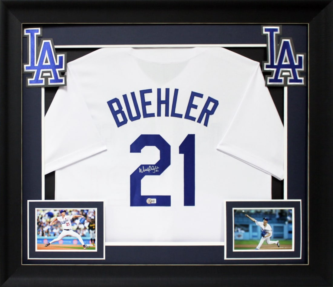 Walker Buehler Signed Framed Jersey Los Angeles Dodgers BAS Authenticated: Walker Buehler Signed Framed Jersey Los Angeles Dodgers BAS Authenticated This authentic white pro style framed jersey has been personally signed by Walker Buehler, the talented pitcher of the Los Ang