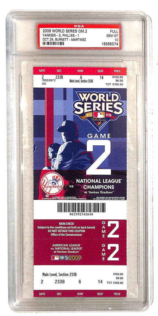 2009 World Series Game 2 Yankees vs Phillies Full Ticket PSA 10: 2009 World Series Game 2 Yankees vs Phillies Full Ticket PSA 10 This is an original full ticket from Game 2 of the 2009 World Series, featuring a matchup between the New York Yankees and the Philadelp