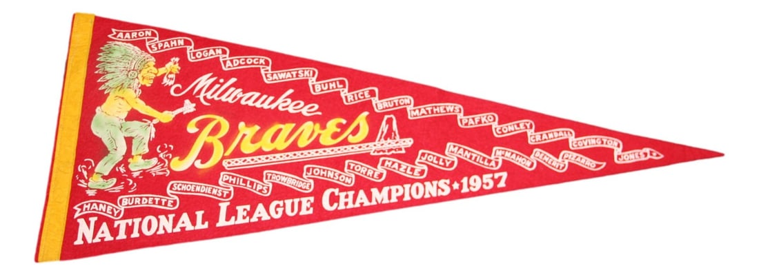 Vintage 1957 Milwaukee Braves 30 Inch NL Champs Pennant MLB: Vintage 1957 Milwaukee Braves 30 Inch NL Champs Pennant MLB Celebrate the history of baseball with this Vintage 1957 Milwaukee Braves 30" Pennant, a true collector's item from the year the team clinch