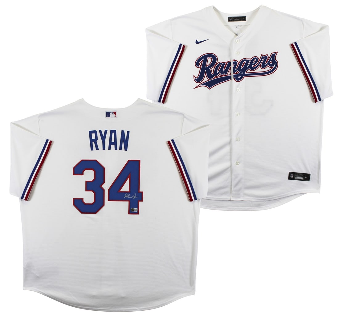 Nolan Ryan Autographed White Nike Jersey Texas Rangers Beckett Authenticated: Nolan Ryan Autographed White Nike Jersey Texas Rangers Beckett Authenticated This authentic white Nike jersey has been personally signed by baseball legend Nolan Ryan of the Texas Rangers. The jersey 