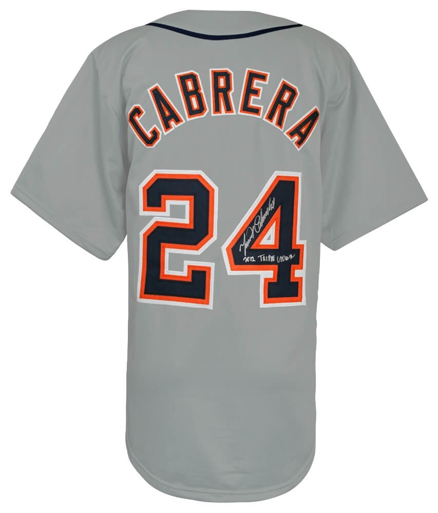 Miguel Cabrera Signed Grey Custom Jersey with 2012 Triple Crown Inscription: Miguel Cabrera Signed Grey Custom Jersey with 2012 Triple Crown Inscription Celebrate the legacy of baseball star Miguel Cabrera with this signed grey custom baseball jersey, featuring the notable '20