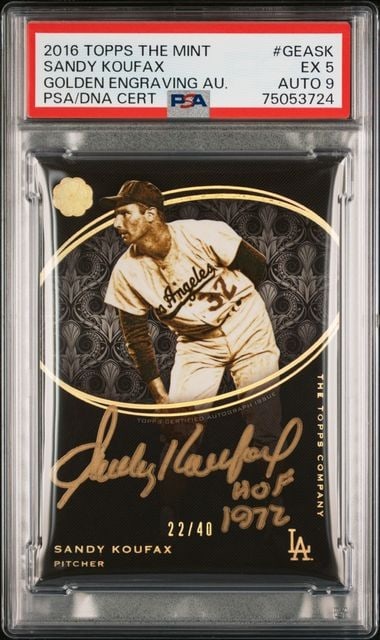 Sandy Koufax 2016 Topps Mint Golden Engraving PSA 9 Auto 22/40: Sandy Koufax 2016 Topps Mint Golden Engraving PSA 9 Auto 22/40 Celebrate the legacy of Sandy Koufax with this 2016 Topps The Mint Golden Engraving card. This remarkable collectible features a stunning