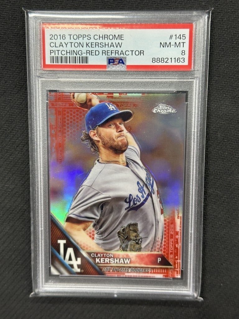 Clayton Kershaw 2016 Topps Chrome Red Refractor PSA 8 #145 Dodgers: Clayton Kershaw 2016 Topps Chrome Red Refractor PSA 8 #145 Dodgers This is a rare 2016 Topps Chrome Red Refractor baseball card featuring Clayton Kershaw, a star pitcher for the Los Angeles Dodgers. G