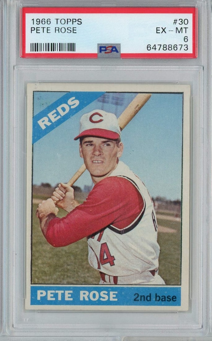 1966 Topps Pete Rose #30 Baseball Card PSA 6 Authenticated: 1966 Topps Pete Rose #30 Baseball Card PSA 6 Authenticated This Graded 1966 Topps Pete Rose #30 Baseball Card is a must-have for collectors. Featuring the legendary player Pete Rose, this card has bee