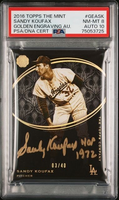 Sandy Koufax 2016 Topps The Mint Golden Engraving PSA 10 Auto 03/40: Sandy Koufax 2016 Topps The Mint Golden Engraving PSA 10 Auto 03/40 This collectible features a Sandy Koufax 2016 Topps The Mint Golden Engraving card, showcasing the legendary pitcher of the Los Ange