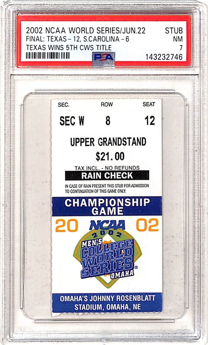 Texas Longhorns 2002 College World Series Champions Ticket PSA Graded 7: Texas Longhorns 2002 College World Series Champions Ticket PSA Graded 7 This is an original ticket from the 2002 College World Series Championship, commemorating the Texas Longhorns' victory for their