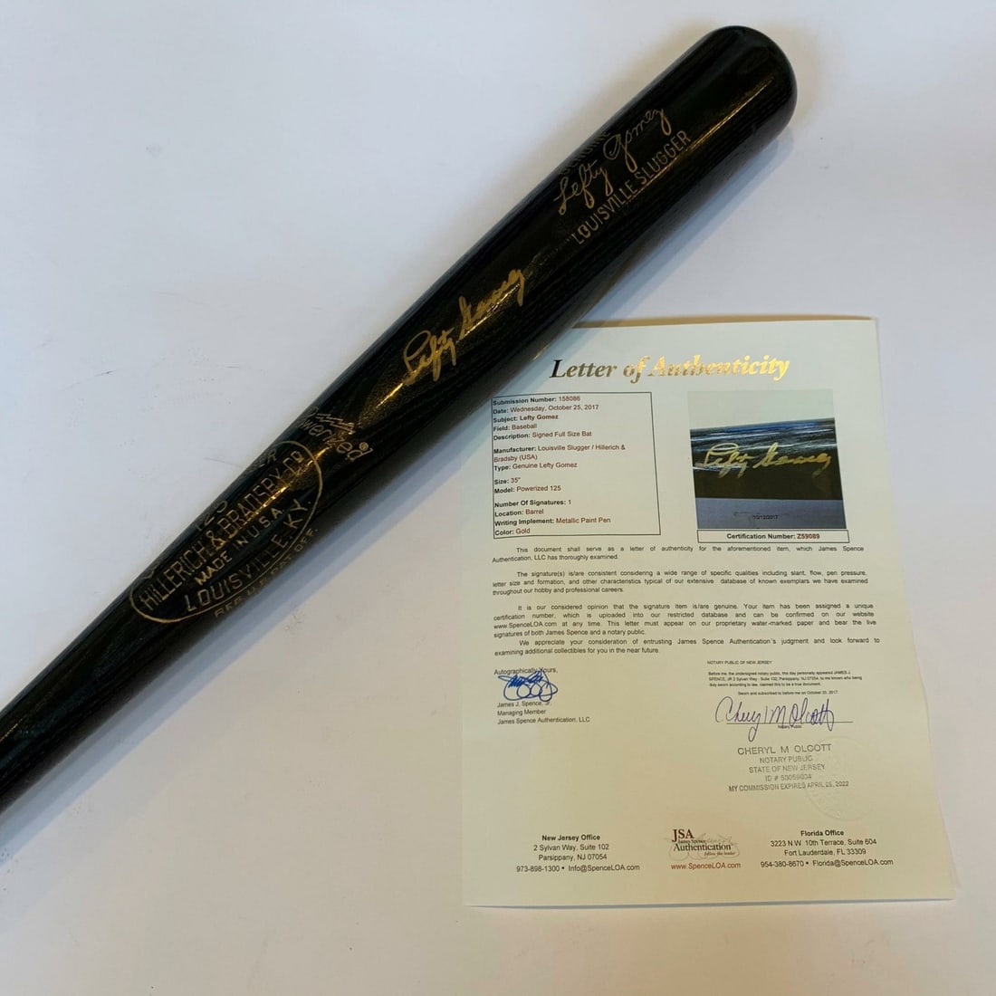 Rare Lefty Gomez Signed Louisville Slugger Bat with JSA Authentication: Rare Lefty Gomez Signed Louisville Slugger Bat with JSA Authentication This is a rare Louisville Slugger game model bat signed by Lefty Gomez, a notable figure in baseball history. The bat comes with 