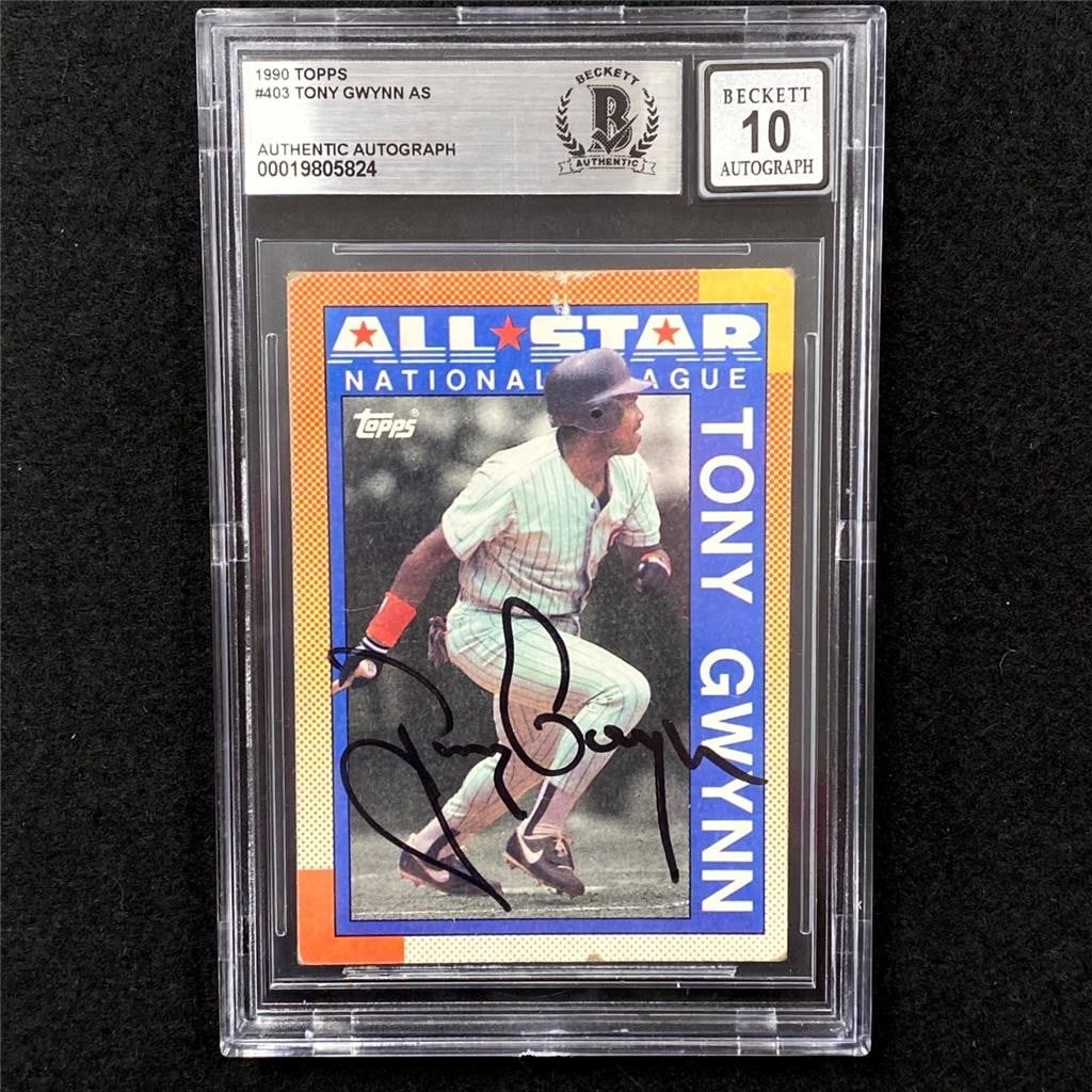Tony Gwynn 1990 Topps Padres autograph card BAS 10: Tony Gwynn 1990 Topps Padres autograph card BAS 10 This is an original 1990 Topps #403 Tony Gwynn sports trading card, featuring an authentic hard-signed autograph by Tony Gwynn. The card is part of t