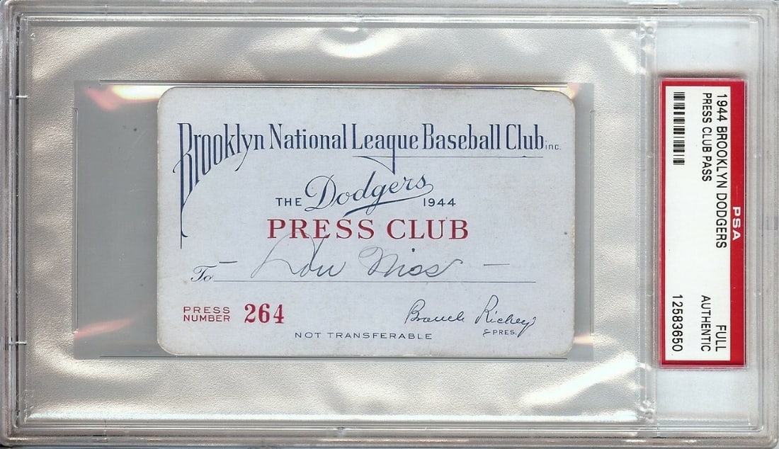 Rare 1944 Brooklyn Dodgers Press Club Pass Encapsulated by PSA DNA: Rare 1944 Brooklyn Dodgers Press Club Pass Encapsulated by PSA DNA This is an original 1944 Brooklyn Dodgers press club pass. The pass is not signed and has been professionally slabbed for protection 