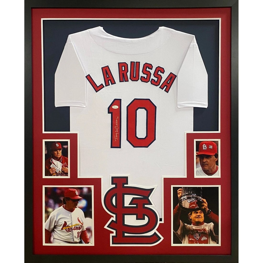 Framed Tony LaRussa Cardinals jersey JSA authenticated: Framed Tony LaRussa Cardinals jersey JSA authenticated This framed St. Louis Cardinals jersey is autographed by Tony LaRussa and features detailed framing and team logo. The jersey is authenticated by