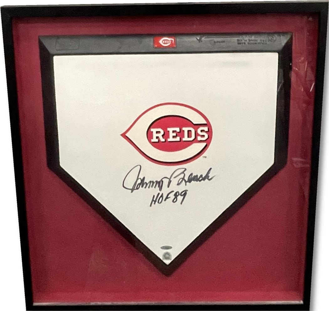Johnny Bench Autographed Framed Reds Base HOF 89 Tristar Certified: Johnny Bench Autographed Framed Reds Base HOF 89 Tristar Certified This framed baseball base is a remarkable collectible featuring the signature of legendary player Johnny Bench, along with the inscri