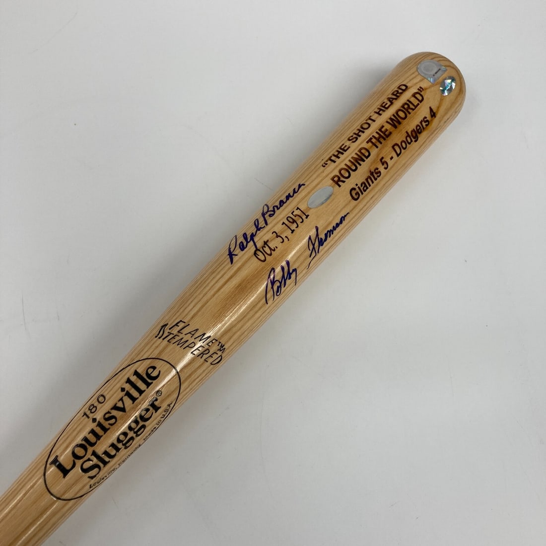 Bobby Thomson Ralph Branca Dual-Signed Baseball Bat Beckett Certified: Bobby Thomson Ralph Branca Dual-Signed Baseball Bat Beckett Certified Celebrate a historic moment in baseball with this dual-signed Louisville Slugger baseball bat featuring the signatures of Bobby Th