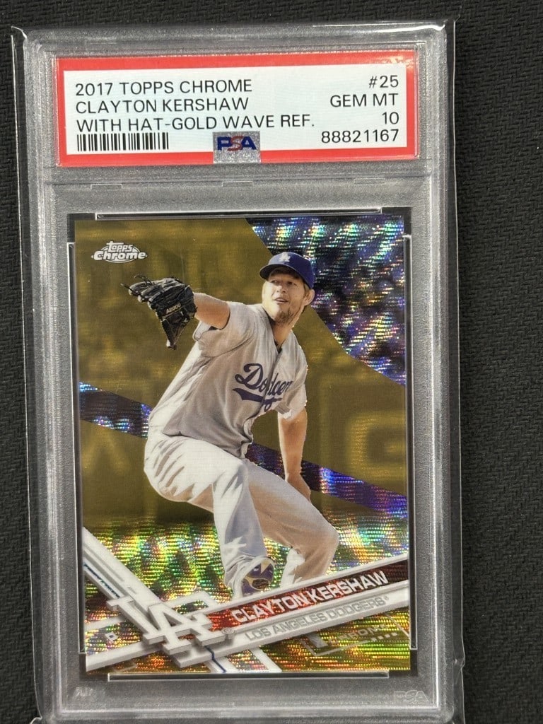 Clayton Kershaw 2017 Topps Chrome Gold Wave Refractor PSA 10 #25: Clayton Kershaw 2017 Topps Chrome Gold Wave Refractor PSA 10 #25 This is a 2017 Topps Chrome Gold Wave Refractor baseball card featuring Clayton Kershaw, a star pitcher for the Los Angeles Dodgers. Th