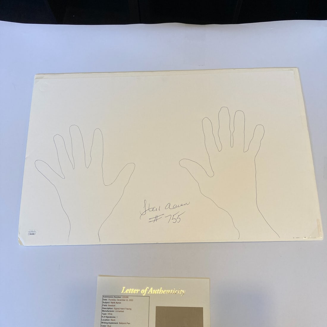 Hank Aaron Signed 15x24 Hand Tracing with JSA COA Rare Collectible: Hank Aaron Signed 15x24 Hand Tracing with JSA COA Rare Collectible This unique collectible features a 15x24 hand tracing by Hank Aaron, the legendary player of the Milwaukee Braves, who has inscribed 