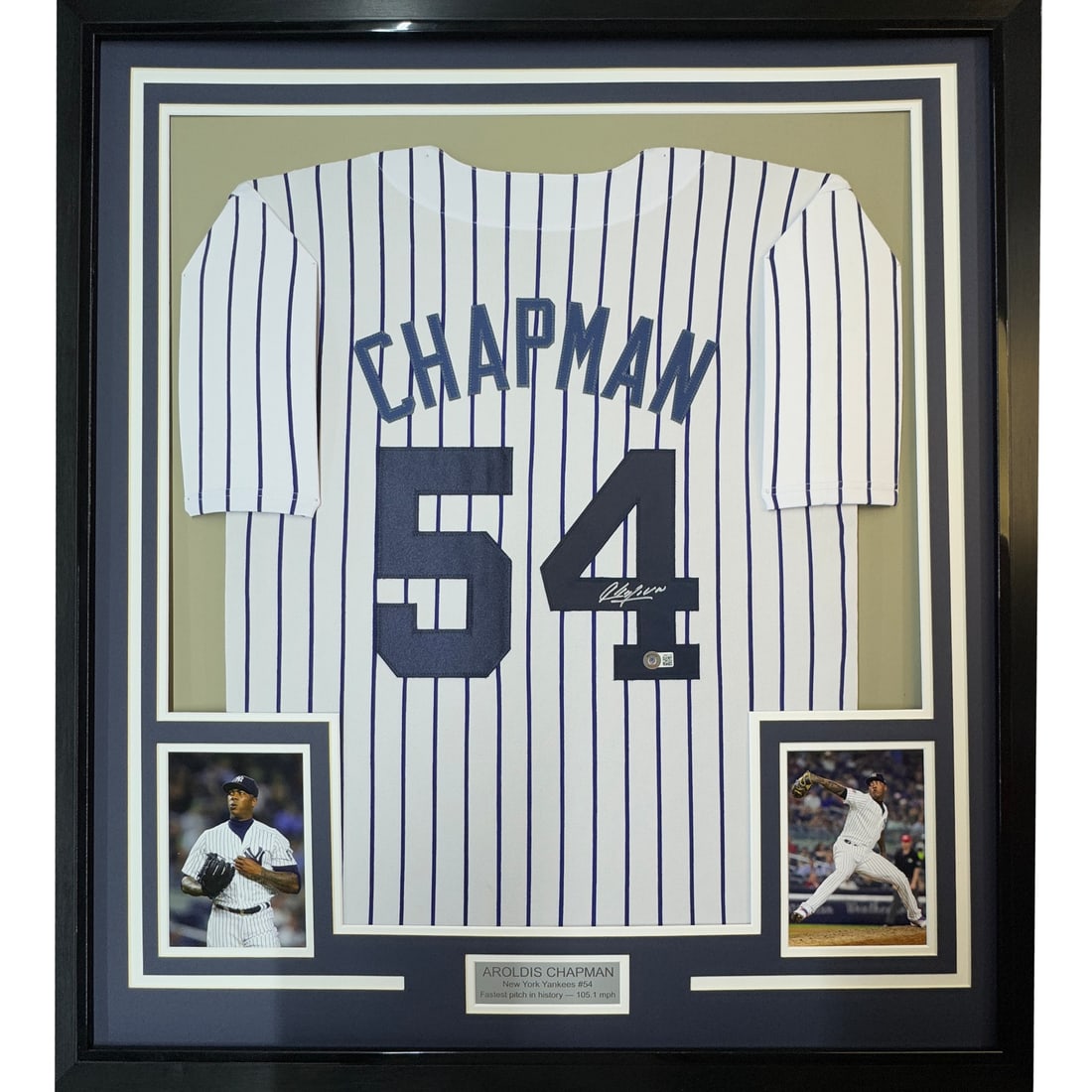 Framed Aroldis Chapman Autographed NY Yankees Jersey with BAS COA: Framed Aroldis Chapman Autographed NY Yankees Jersey with BAS COA Celebrate your love for baseball with this stunning framed 33x42 jersey of Aroldis Chapman, featuring the iconic New York Yankees pins