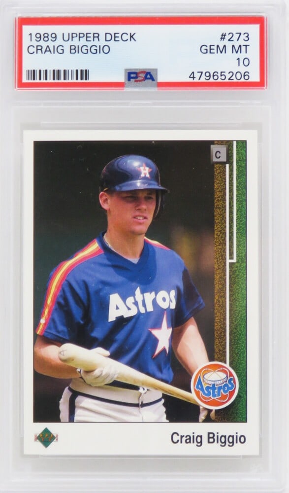 Craig Biggio 1989 Upper Deck Baseball Rookie Card PSA 10 Gem Mint: Craig Biggio 1989 Upper Deck Baseball Rookie Card PSA 10 Gem Mint This listing features a Craig Biggio 1989 Upper Deck Baseball #273 rookie card, encapsulated and graded Gem Mint 10 by PSA, representi