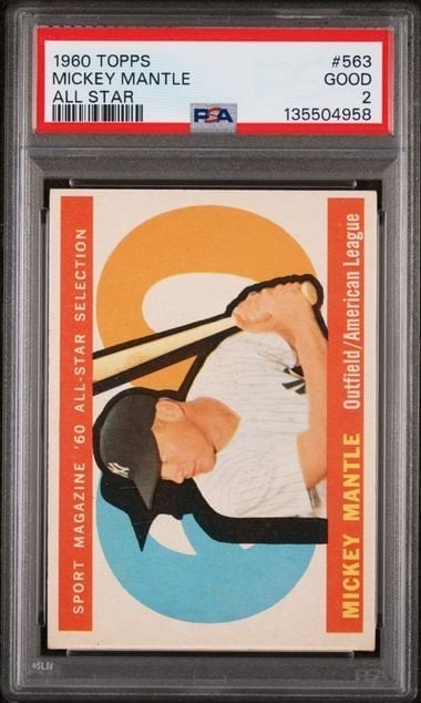 PSA 2 1960 Topps Mickey Mantle All Star #563 Baseball Card: PSA 2 1960 Topps Mickey Mantle All Star #563 Baseball Card This is a 1960 Topps Mickey Mantle #563 All Star baseball card, graded by Professional Sports Authenticator (PSA) with a grade of 2 (Good). T