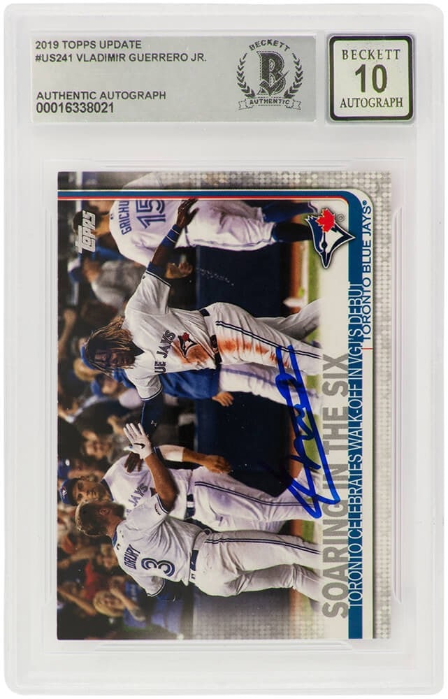 2019 Topps Update Rookie Card US241 Vladimir Guerrero Jr Beckett Auto 10: 2019 Topps Update Rookie Card US241 Vladimir Guerrero Jr Beckett Auto 10 This is a 2019 Topps Update rookie card #US241 featuring Vladimir Guerrero Jr. of the Toronto Blue Jays, personally signed by t