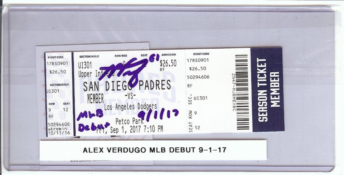 Alex Verdugo Signed Ticket Stub MLB Debut 9/1/17 Beckett Authenticated: Alex Verdugo Signed Ticket Stub MLB Debut 9/1/17 Beckett Authenticated This is an original ticket stub from the MLB debut of Alex Verdugo on September 1, 2017, featuring his autograph. The ticket is a