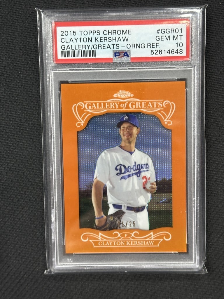 Clayton Kershaw 2015 Topps Chrome Gallery Of Greats Orange PSA 10 #GGr01: Clayton Kershaw 2015 Topps Chrome Gallery Of Greats Orange PSA 10 #GGr01 Celebrate the legacy of Clayton Kershaw with this 2015 Topps Chrome Gallery of Greats Orange baseball card. This limited editio