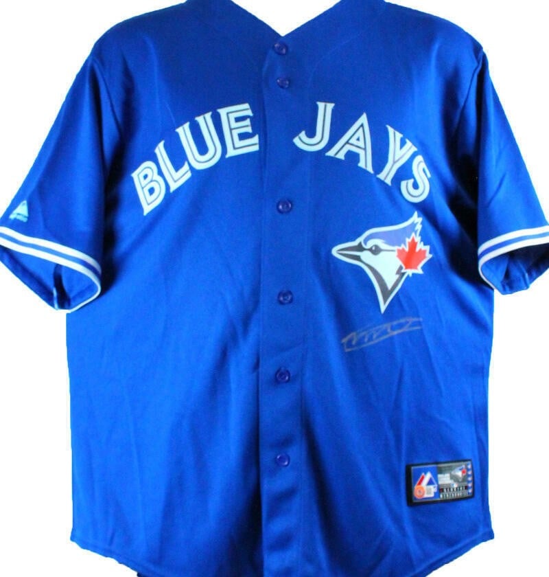Toronto Blue Jays Majestic Jersey Autographed by Vladimir Guerrero Jr Beckett Holo: Toronto Blue Jays Majestic Jersey Autographed by Vladimir Guerrero Jr Beckett Holo This pre-owned Toronto Blue Jays Majestic jersey features the autograph of Vladimir Guerrero Jr. The signature is aut