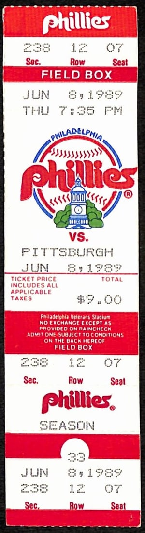 1989 Philadelphia Phillies vs Pirates Ticket Stub J Rooker Walk Game: 1989 Philadelphia Phillies vs Pirates Ticket Stub J Rooker Walk Game Relive a memorable moment in baseball history with this original 1989 ticket stub from the Philadelphia Phillies vs. Pittsburgh Pir