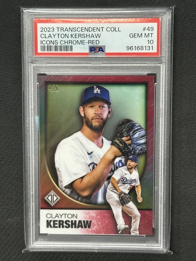Clayton Kershaw 2023 Topps Transcendent Red Chrome PSA 10 #49 Dodgers: Clayton Kershaw 2023 Topps Transcendent Red Chrome PSA 10 #49 Dodgers This is a highly collectible Clayton Kershaw 2023 Topps Transcendent Icons Red Chrome Baseball Card, featuring card number 49. Gra