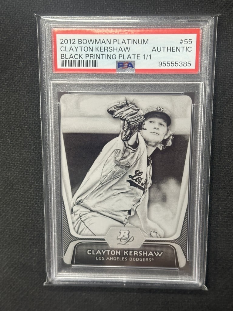Clayton Kershaw 2012 Bowman Platinum Black Printing Plate 1/1 PSA Authentic #55: Clayton Kershaw 2012 Bowman Platinum Black Printing Plate 1/1 PSA Authentic #55 This unique Clayton Kershaw baseball card is a 2012 Bowman Platinum Black Printing Plate, serial number 1/1, making it a