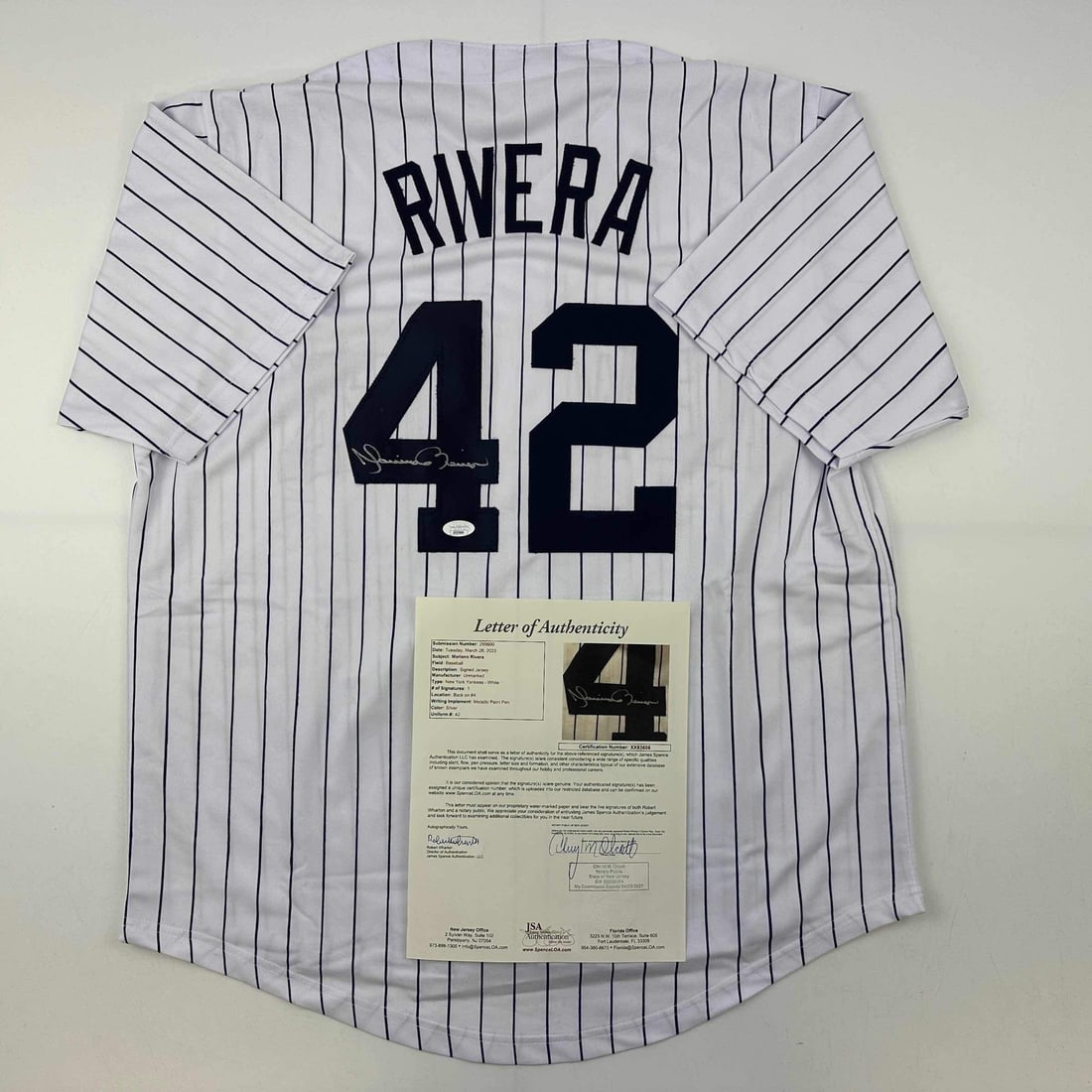 Mariano Rivera Autographed New York Yankees Pinstripe Jersey JSA COA: Mariano Rivera Autographed New York Yankees Pinstripe Jersey JSA COA Celebrate the legendary career of Mariano Rivera with this autographed New York Yankees pinstripe baseball jersey. This custom jers