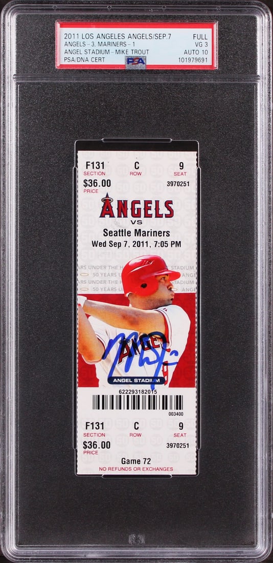 Mike Trout Signed Rookie Ticket Stub PSA Gem Mint 10 Los Angeles Angels: Mike Trout Signed Rookie Ticket Stub PSA Gem Mint 10 Los Angeles Angels This is a Mike Trout signed ticket stub from his rookie season, specifically from the game on September 7, 2011, featuring the L