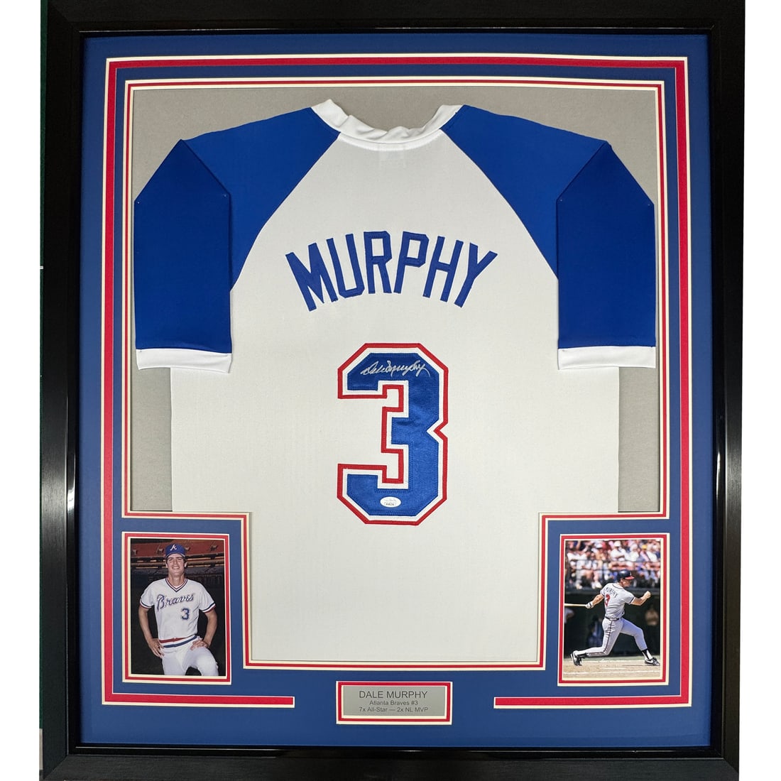 Framed Autographed Dale Murphy Jersey 33x42 PSA/DNA Atlanta Braves: Framed Autographed Dale Murphy Jersey 33x42 PSA/DNA Atlanta Braves This professionally framed autographed Dale Murphy jersey features the Atlanta Braves' iconic white design. Measuring 33" x 42", it i