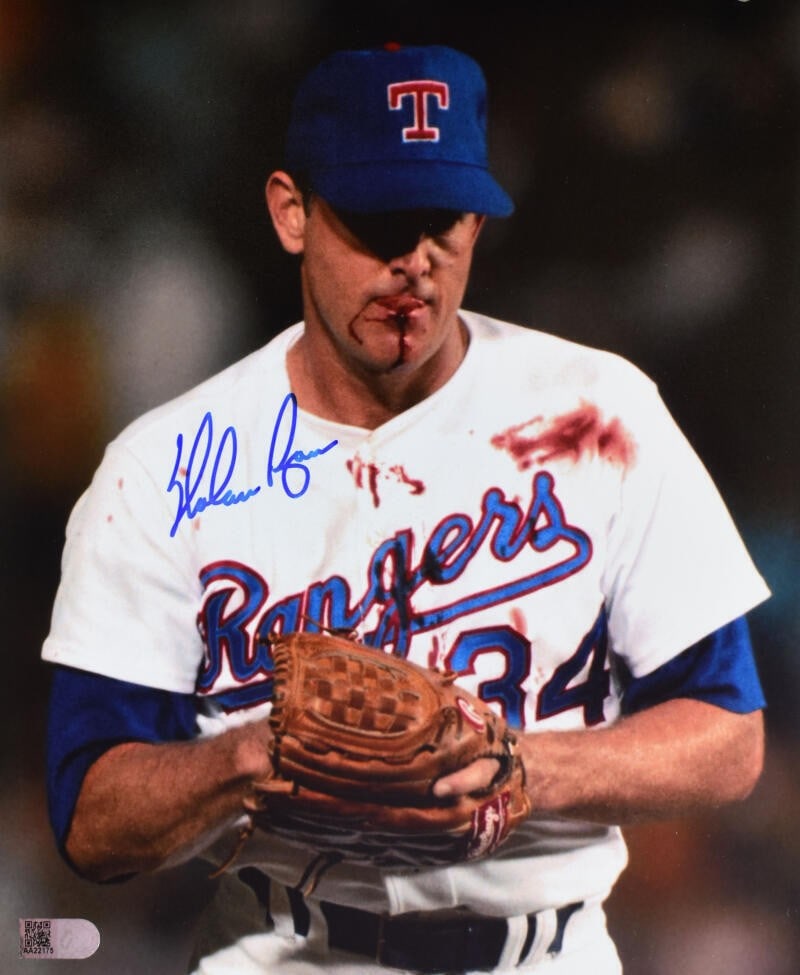 Nolan Ryan signed Texas Rangers 8x10 photo AI verified holo: Nolan Ryan signed Texas Rangers 8x10 photo AI verified holo This is an original 8x10 photo featuring Nolan Ryan with the Texas Rangers, showcasing the memorable 'bloody lip' moment. The photo is autog