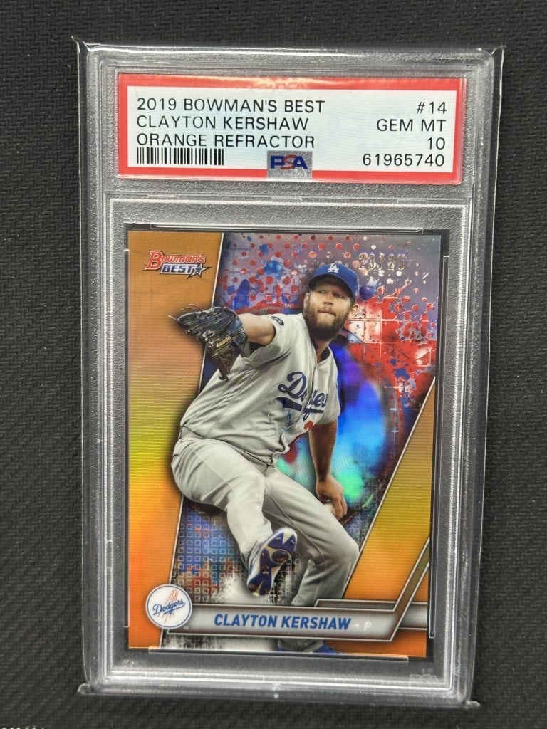 Clayton Kershaw 2019 Bowman's Best Orange Refractor PSA 10 #14 Dodgers 23/25: Clayton Kershaw 2019 Bowman's Best Orange Refractor PSA 10 #14 Dodgers 23/25 This is a 2019 Bowman's Best Orange Refractor Baseball Card featuring Clayton Kershaw, a star pitcher for the Los Angeles D