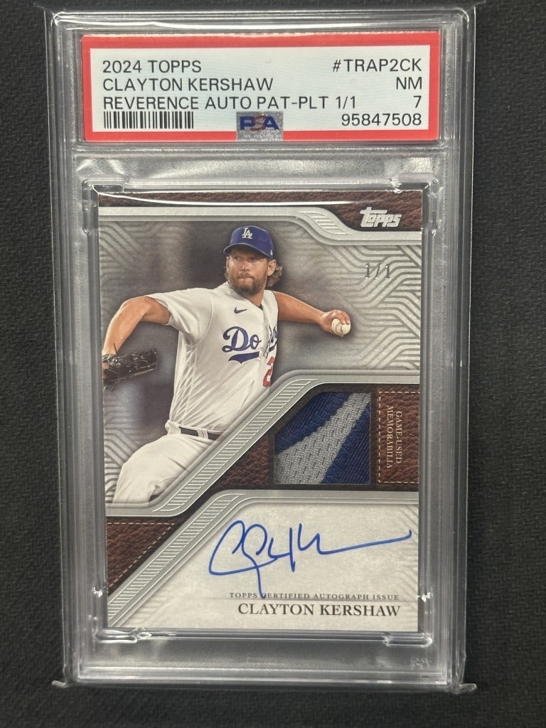 2024 Topps Reverence Clayton Kershaw Auto Platinum PSA 7 1/1 Dodgers: 2024 Topps Reverence Clayton Kershaw Auto Platinum PSA 7 1/1 Dodgers This is a 2024 Topps Reverence Auto Platinum baseball card featuring Clayton Kershaw, a star player for the Los Angeles Dodgers. Th