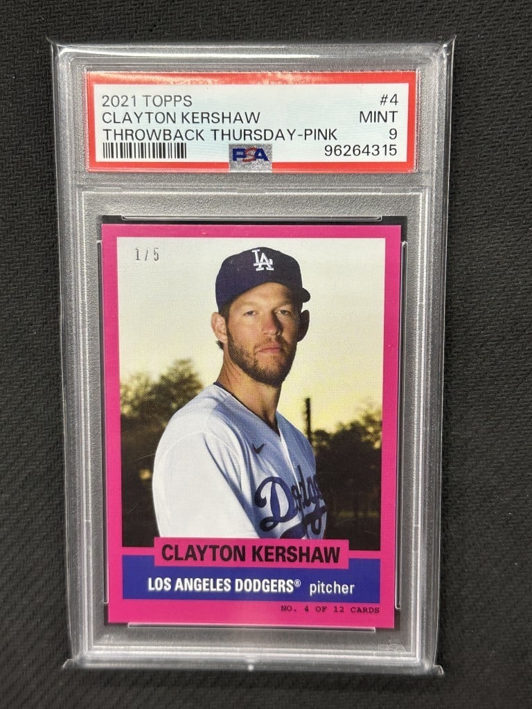 Clayton Kershaw 2021 Topps Throwback Pink PSA 9 #4 Dodgers Card: Clayton Kershaw 2021 Topps Throwback Pink PSA 9 #4 Dodgers Card Celebrate the legacy of Clayton Kershaw with this 2021 Topps Throwback Thursday Pink Baseball Card, graded PSA 9. This limited edition c