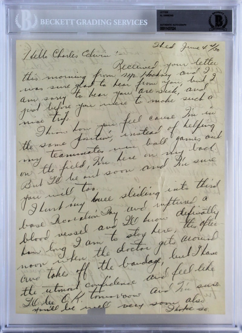 Al Simmons 1930 signed baseball letter BAS slabbed 8.25x10.75: Al Simmons 1930 signed baseball letter BAS slabbed 8.25x10.75 This is an original hand-written letter dated June 4th, 1930, personally signed by Al Simmons of the Philadelphia Athletics. The letter, m