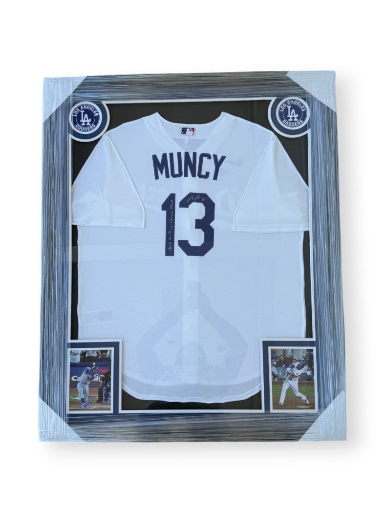 Framed Max Muncy Dodgers autographed jersey JSA 35x43: Framed Max Muncy Dodgers autographed jersey JSA 35x43 This framed Los Angeles Dodgers jersey is autographed by Max Muncy and features the inscription "Back 2 Back Champs 24,25." The jersey comes with 