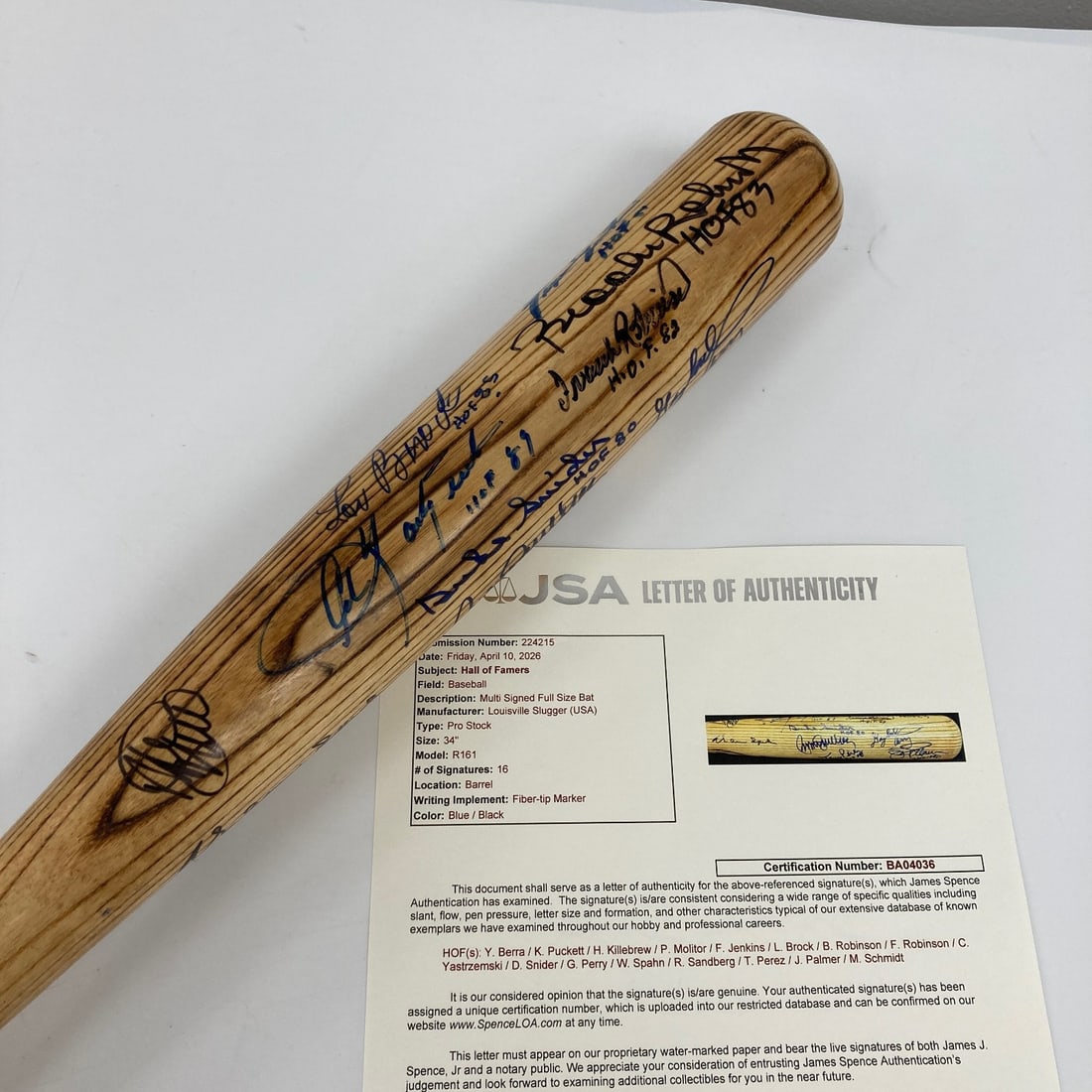 JSA COA Louisville Slugger R161 Bat Signed by 16 HOFers: JSA COA Louisville Slugger R161 Bat Signed by 16 HOFers This Louisville Slugger R161 model baseball bat is a collectible piece signed by 16 Hall of Fame players, including Yogi Berra, Kirby Puckett, M