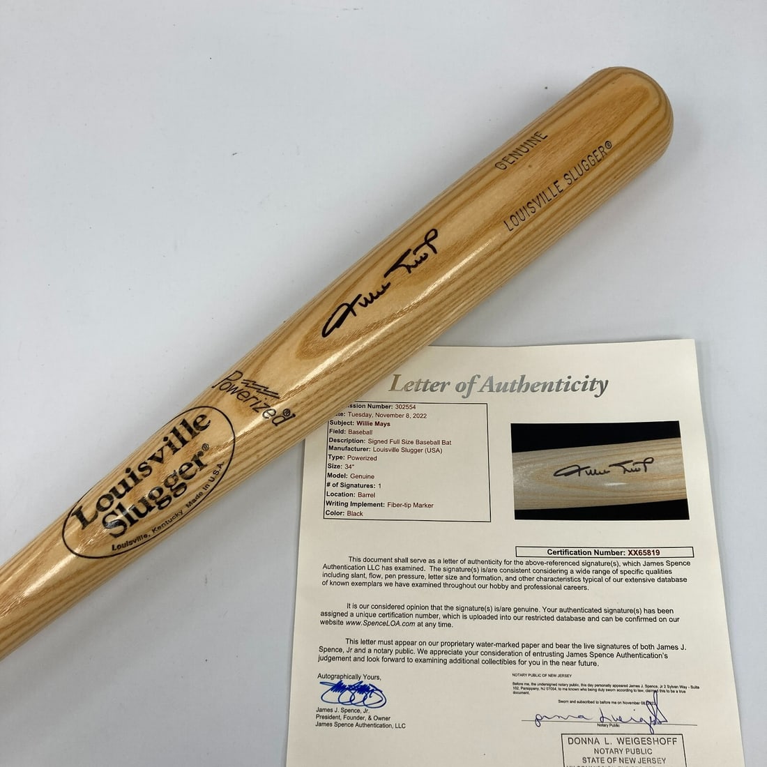 Willie Mays Signed Louisville Slugger Bat JSA Certified: Willie Mays Signed Louisville Slugger Bat JSA Certified This is an original Louisville Slugger baseball bat signed by the legendary Willie Mays. The bat comes with a James Spence Authentication (JSA) 
