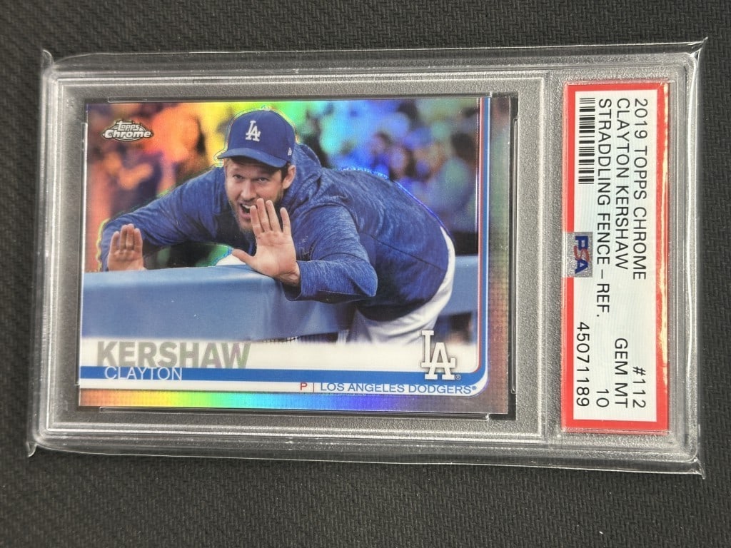 Clayton Kershaw 2019 Topps Chrome PSA 10 Straddling Fence Variation: Clayton Kershaw 2019 Topps Chrome PSA 10 Straddling Fence Variation This is a 2019 Topps Chrome Straddling Fence Image Variation baseball card featuring Clayton Kershaw, a star pitcher for the Los Ang