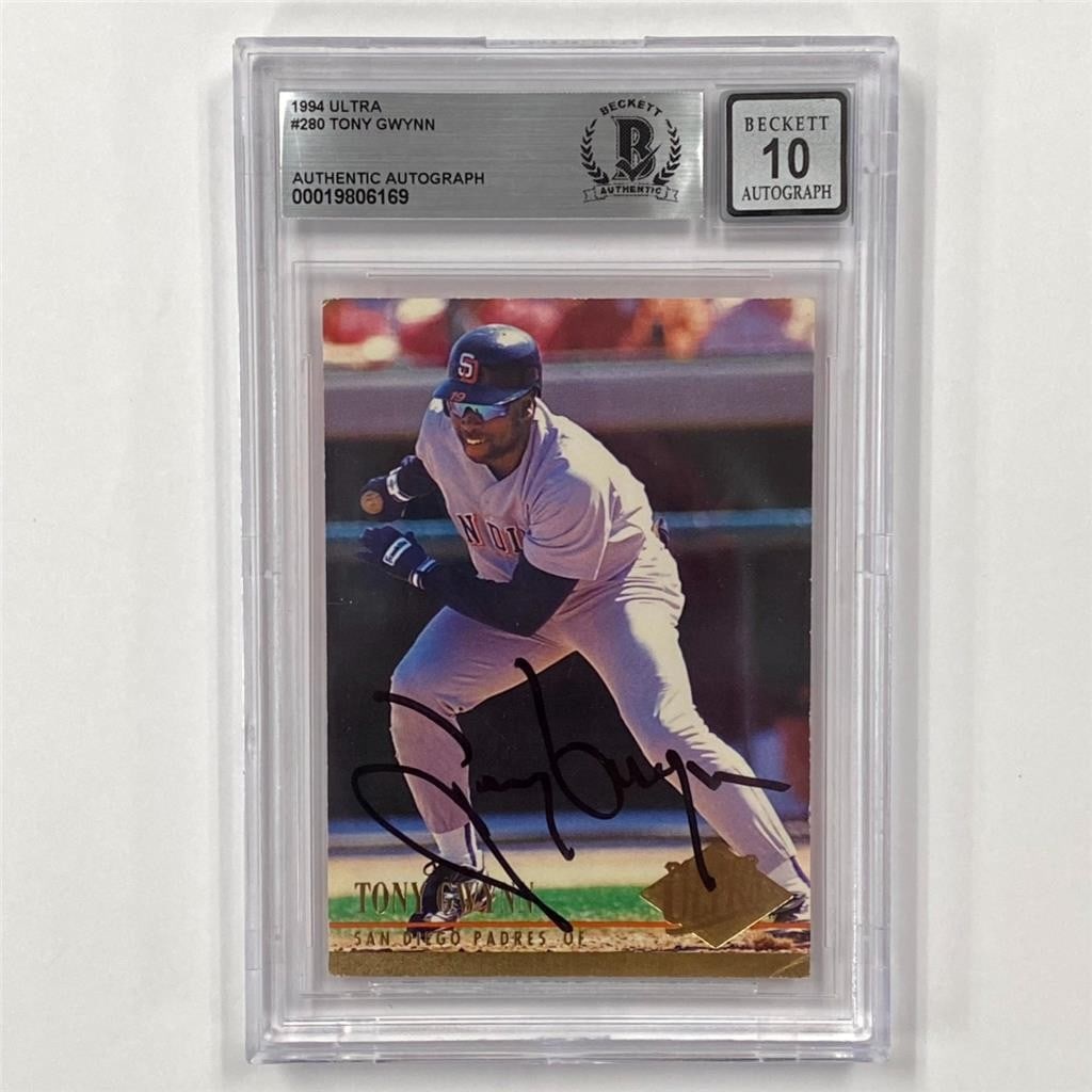Tony Gwynn 1994 Ultra #280 Padres BAS 10 autograph card: Tony Gwynn 1994 Ultra #280 Padres BAS 10 autograph card This is an original 1994 Ultra #280 Tony Gwynn sports trading card featuring a hard-signed autograph. The autograph has been authenticated by Be